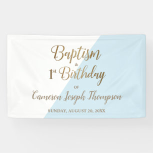 Simple Blue Gold Baby Boy baptism first birthday Banner