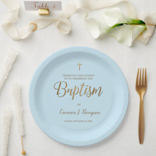 Simple Blue Gold Cross Custom Baby Baptism  Paper Plate