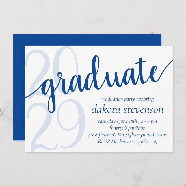 Simple Blue Graduation | Royal Cerulean with Year Invitation (Front/Back)