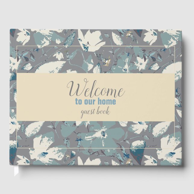 Simple Blue Grey Cream Floral Welcome Guest Book (Front)