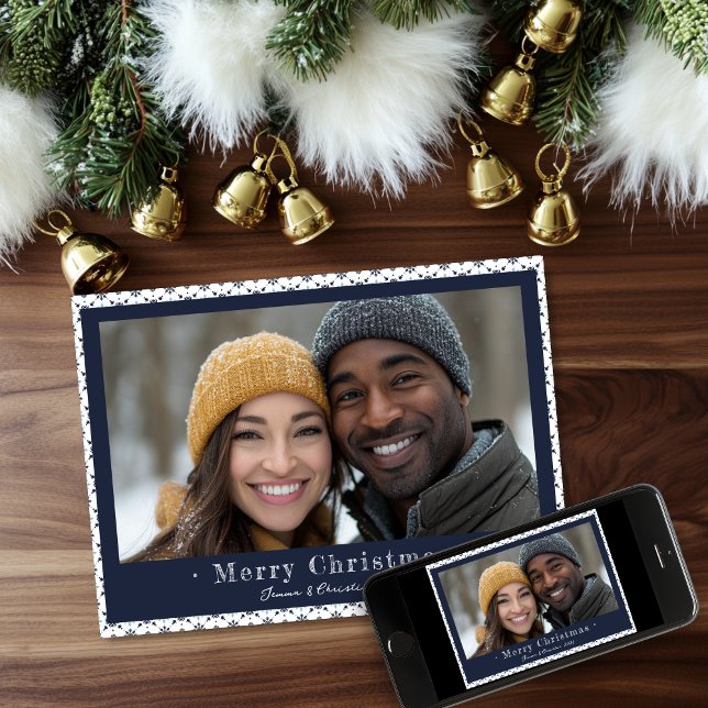 Simple Blue Grey Snowflake Christmas Photo Holiday Card (Simple Winter Snowflakes Christmas Holiday Photo Card )