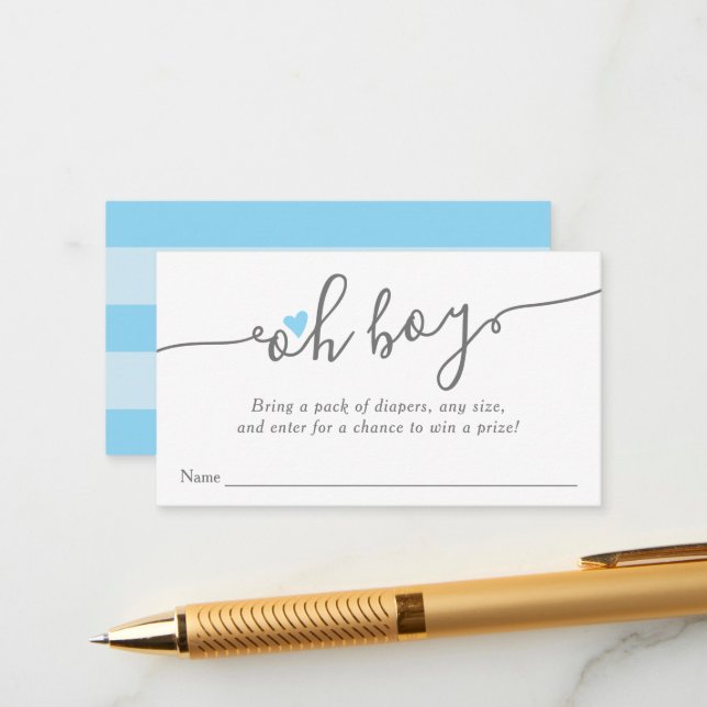 Simple Blue Heart Boy Baby Shower Diaper Raffle Enclosure Card (Front/Back In Situ)