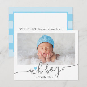 Simple Blue Heart Boy Baby Shower Photo Thank You Card