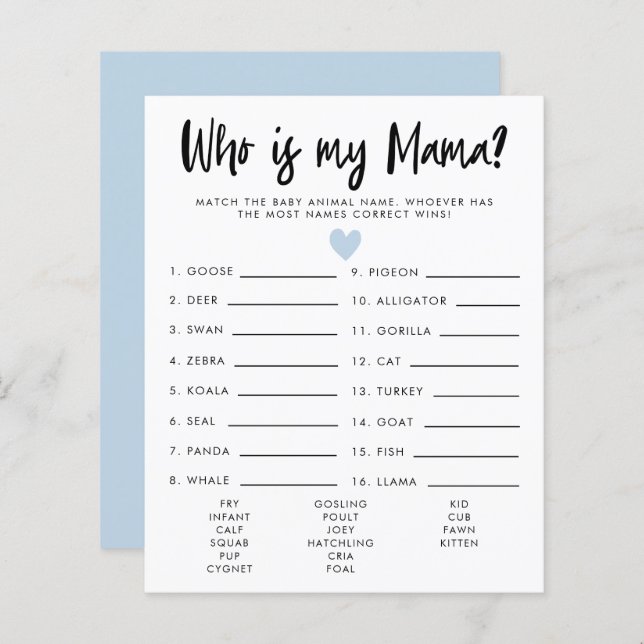 Simple Blue Heart Who Is My Mama Baby Shower Game (Front/Back)
