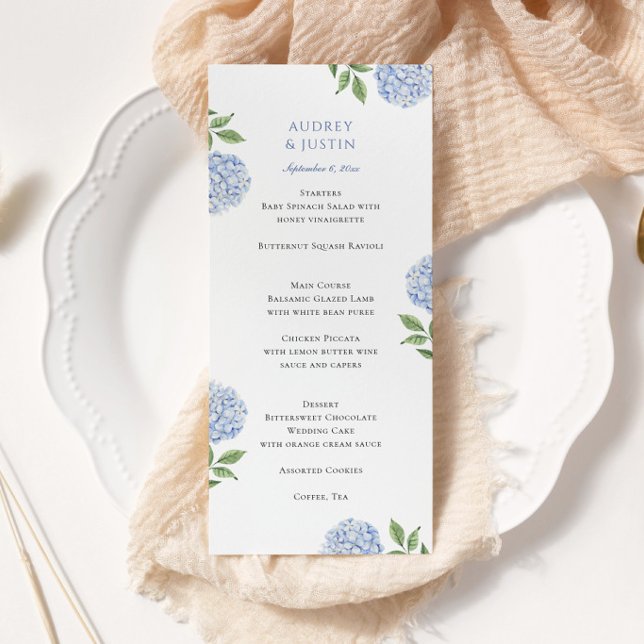 Simple Blue Hydrangea Wedding Dinner, Tall Menu (Creator Uploaded)