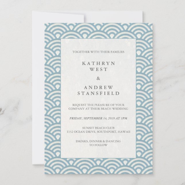 Simple Blue Japanese Seigaiha Wave Pattern Wedding Invitation (Front)