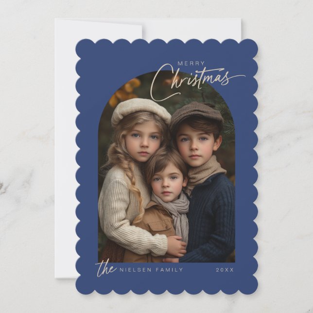 Simple Blue Merry Christmas Script Photo Scalloped Holiday Card (Front)
