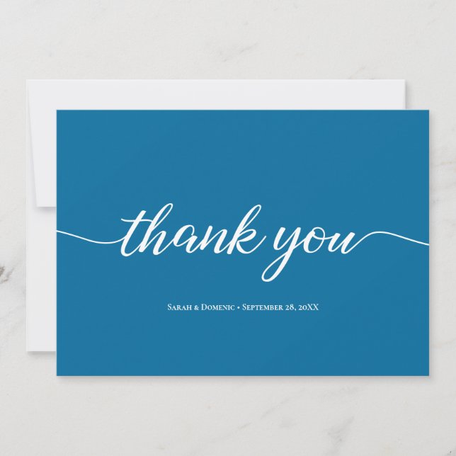 Simple Blue Minimalist Wedding Photo Thank You (Front)