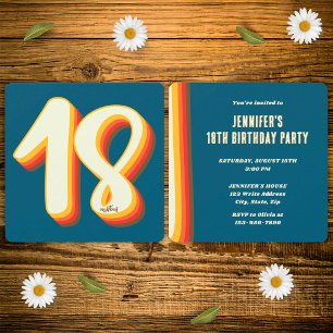 Simple Blue Modern Retro Groovy 18th Birthday Invitation