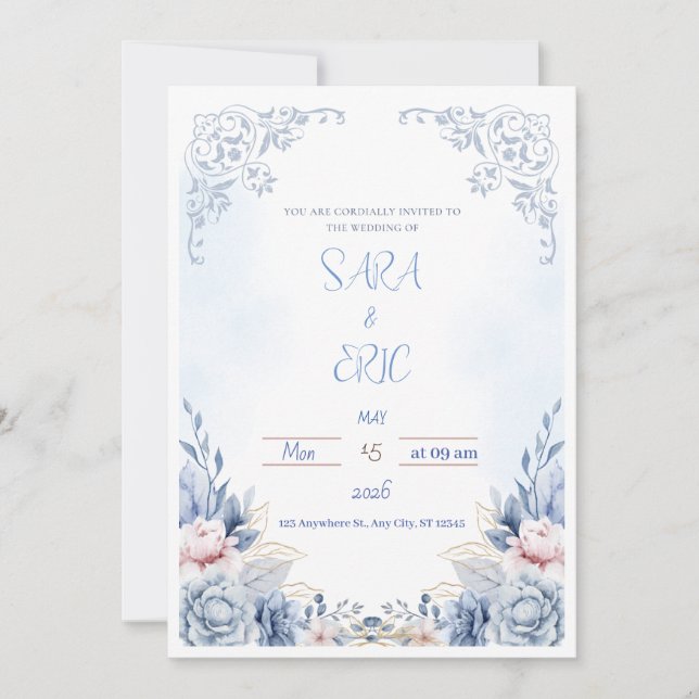  Simple Blue Modern Wedding Invitation (Front)