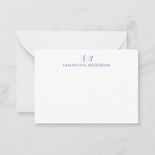Simple Blue Monogram Flat Note Card (Front)