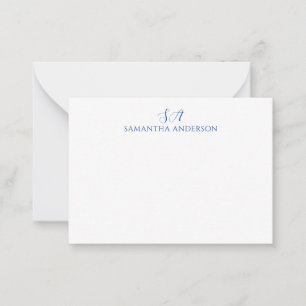 Simple Blue Monogram Flat Note Card