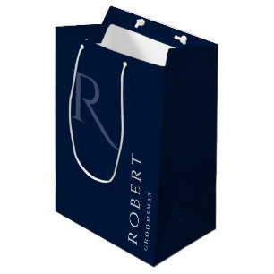 Simple Blue Monogram Personalised Groomsmen Medium Gift Bag
