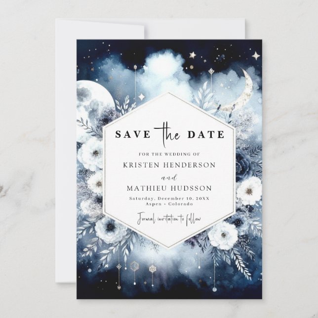 Simple Blue Moonlit Wedding Save The Date (Front)