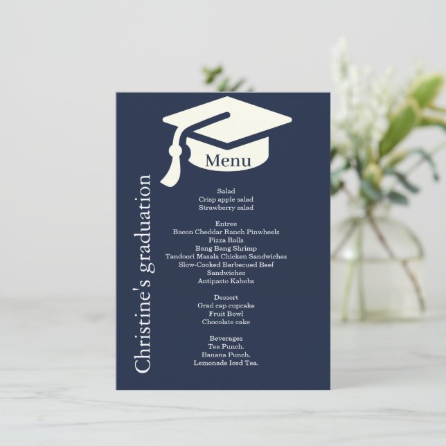Simple  blue navy Graduation party dinner menu  (Standing Front)