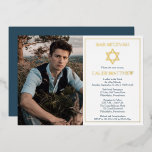 Simple Blue Photo Star of David Bar Mitzvah - Gold<br><div class="desc">A gold foil Star of David along with the words "Bar Mitzvah" and your son's name with simple outline rectangular frame accent give this photo design an understated look that is classic and elegant. Simply add your child's photo, name and Bar Mitzvah ceremony and celebration details. Back features a solid...</div>