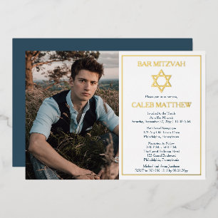 Simple Blue Photo Star of David Bar Mitzvah - Gold