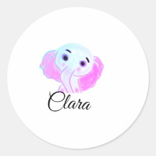 Simple blue pink baby elephant watercolor add name classic round sticker