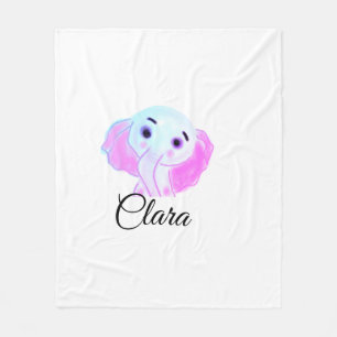 Simple blue pink baby elephant watercolor add name fleece blanket