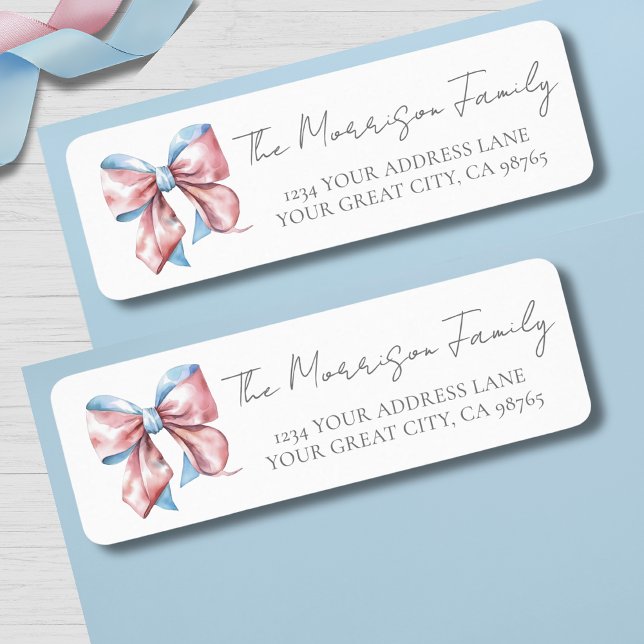 Simple Blue Pink Bow Gender Reveal Return Address Label (Simple Blue Pink Bow Gender Reveal Return Address label)