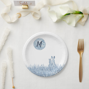 Simple Blue Rabbits, Moon Monogram Custom, Love Paper Plate