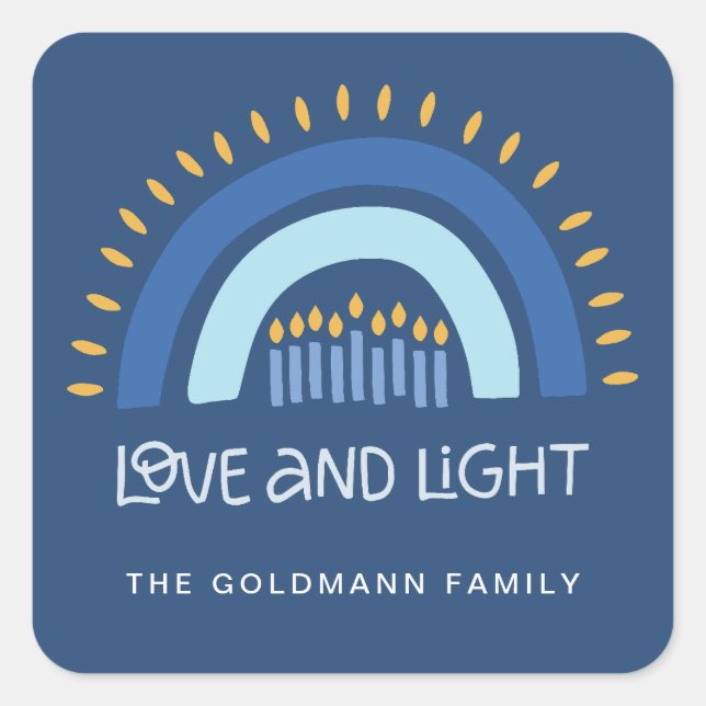 Simple Blue Rainbow Candles Love & Light Hanukkah Square Sticker (Front)