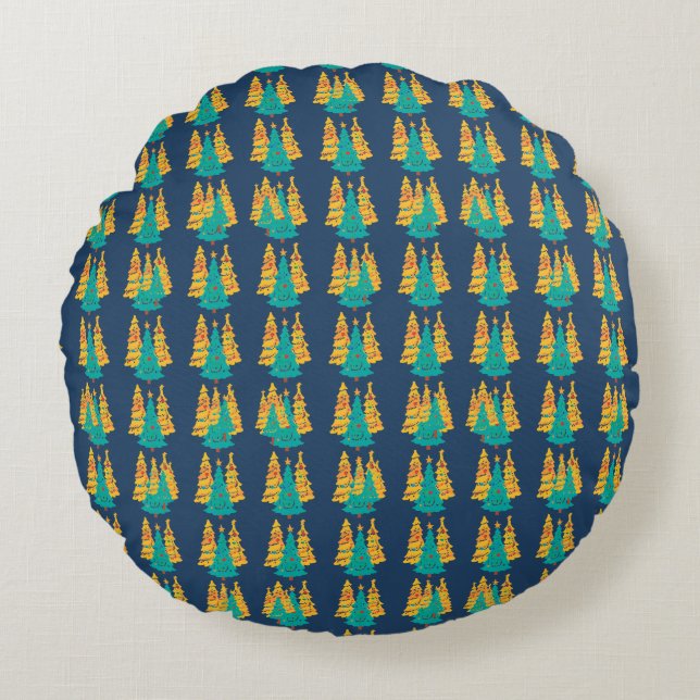 Simple Blue retro Christmas pine tree Pattern Round Cushion (Front)