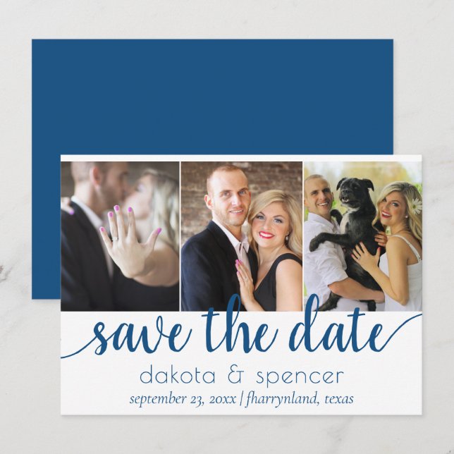 Simple Blue Script | Cerulean Azure Multi 3 Photo Save The Date (Front/Back)