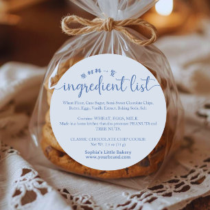 Simple Blue Script Ingredient List Bakery Product Classic Round Sticker