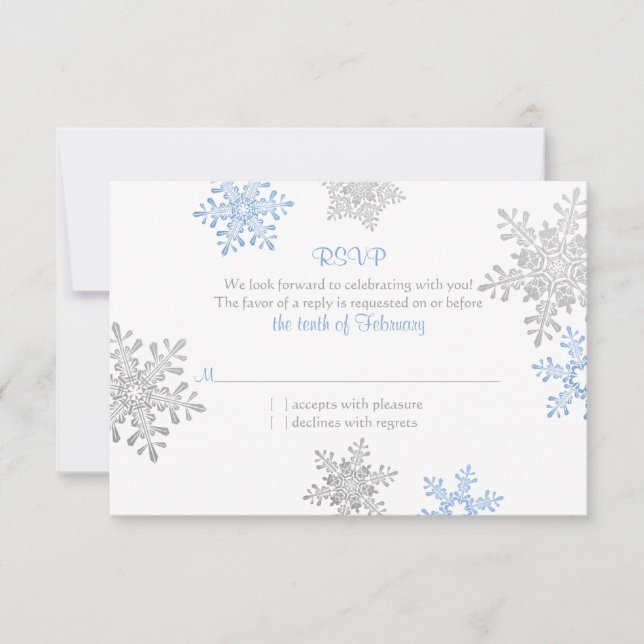 Simple Blue Silver Snowflake Winter Wedding RSVP (Front)