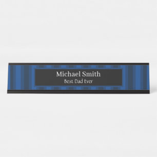 Simple Blue Stripes Best Dad Ever Black Desk Name Plate