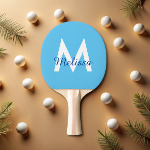 simple Blue teal modern Monogram girly Name  Ping Pong Paddle