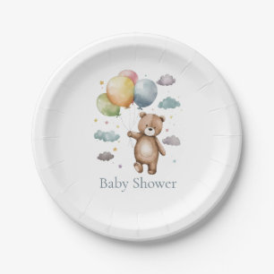 Simple blue teddy bear baby shower  paper plate