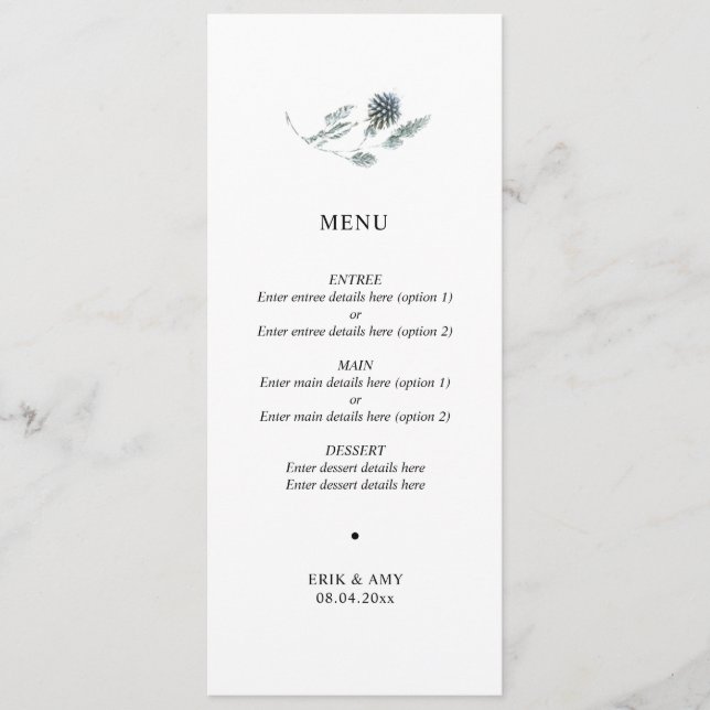Simple Blue Thistle Floral Wedding Menu (Front)