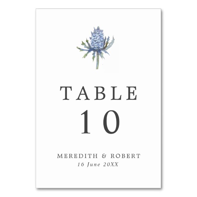 Simple Blue Thistle Wedding  Table Number (Front)