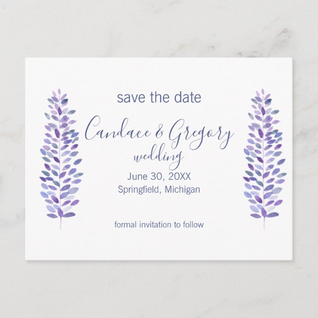 Simple Blue Trees Save the Date Postcard (Front)