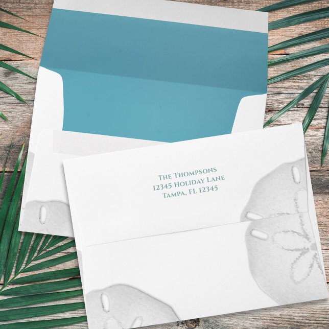 Simple Blue Turquoise Beach Sand Dollar  Envelope (Turquoise and white sand dollar simple envelope with return address on the back flap. )