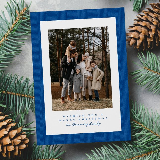 Simple blue tweed frame Christmas photo Holiday Card (Creator Uploaded)