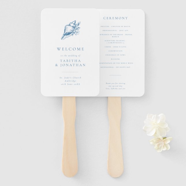 Simple Blue Vintage Seashell Wedding Program Hand Fan (Front and Back)