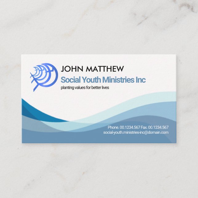 Simple Blue Water Waves Christian Fish Ministry Business Card (Front)