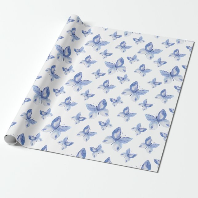 Simple Blue Watercolor Butterfly Pattern Wrapping Paper (Unrolled)