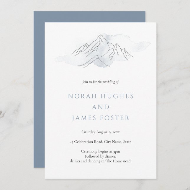 Simple Blue Watercolor Mountain Nature Wedding Invitation (Front/Back)