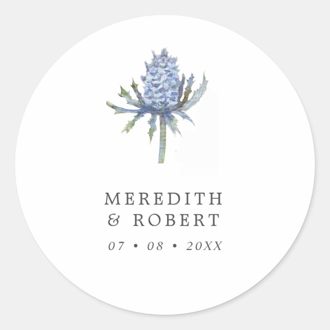 Simple Blue Watercolor Thistle Wedding Classic Round Sticker (Front)