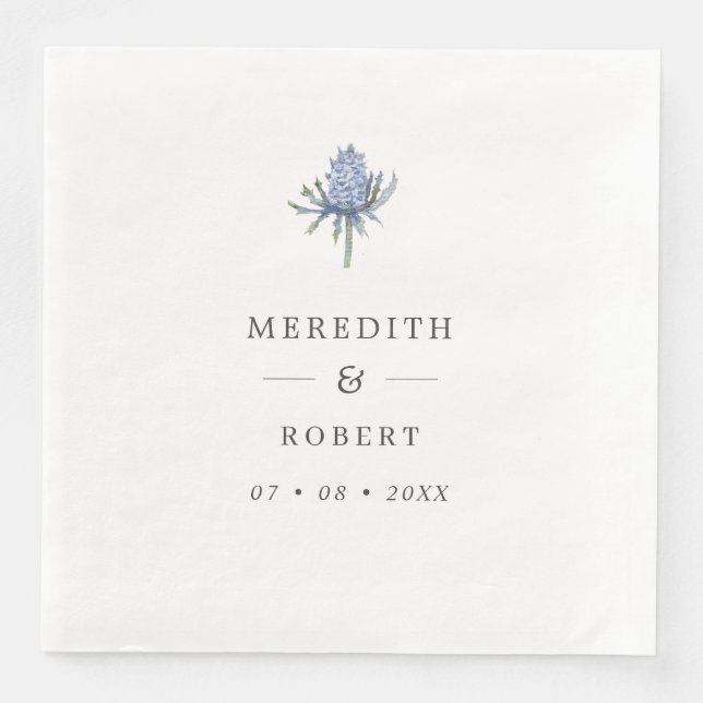 Simple Blue Watercolor Thistle Wedding Names Napkin (Front)