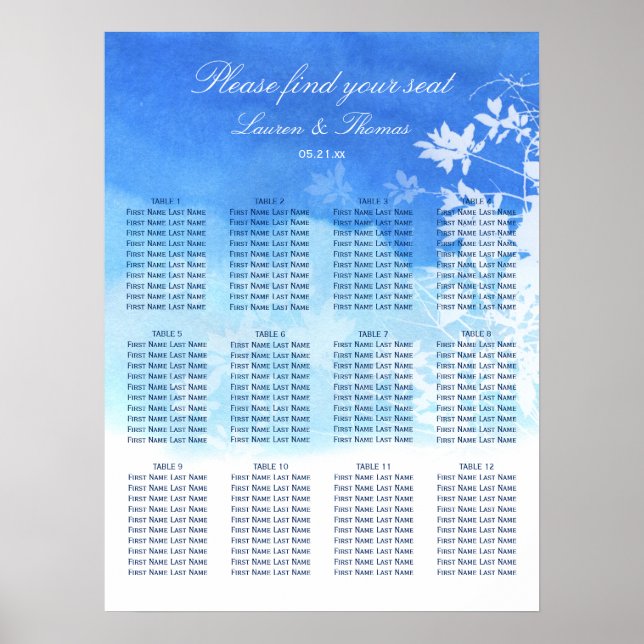 Simple Blue Watercolour Wedding Seating Chart (Front)