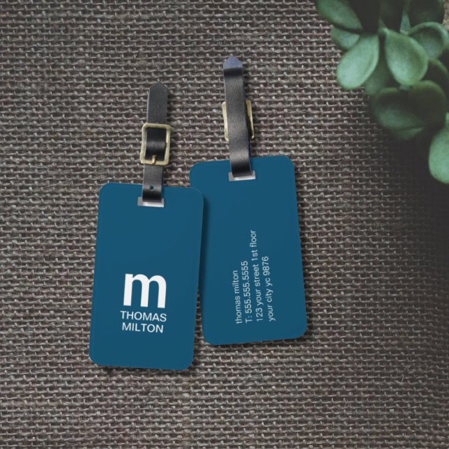 Simple Blue White Bold Monogram Luggage Tag (Creator Uploaded)