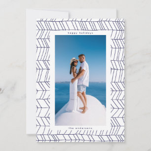 Simple Blue & White Christmas Candy Cane Border Holiday Card