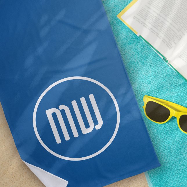 Simple Blue White Circle Monogram Beach Towel (Creator Uploaded)