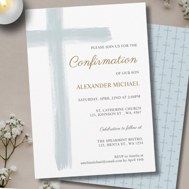 Simple Blue White Cross Boy Confirmation Invitation (Creator Uploaded)