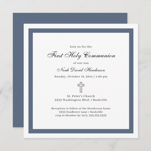 Simple Blue White First Holy Communion  Invitation (Front/Back)